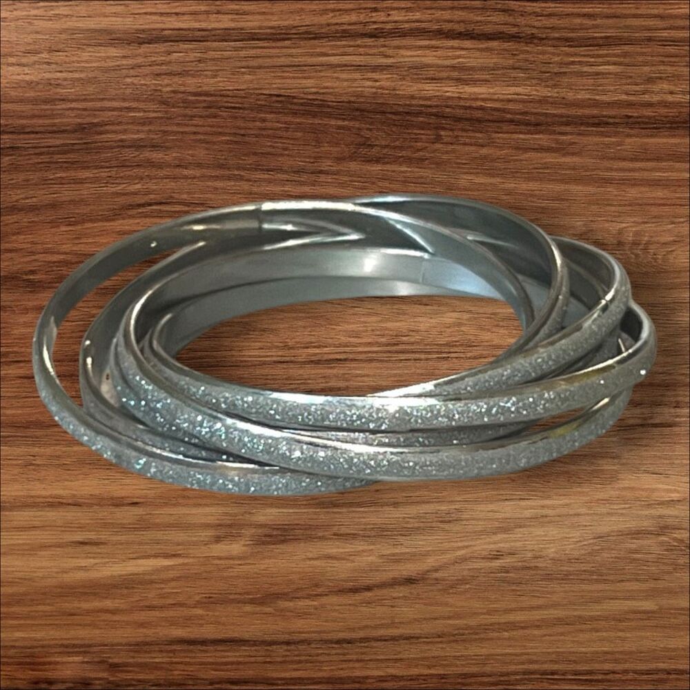 Silver Tone Glitter Six Interlocking Rolling Bangle Bracelet